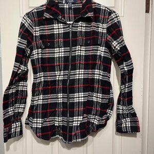 Black, white, and red plaid flannel zip up shirt